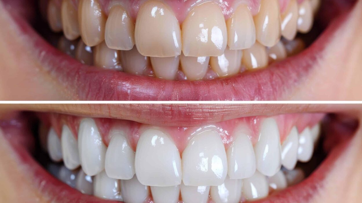 Dişlerde renk değişimi nedenlerini ve yüzeysel lekelenmeleri gösteren diş rengi değişimi görseli