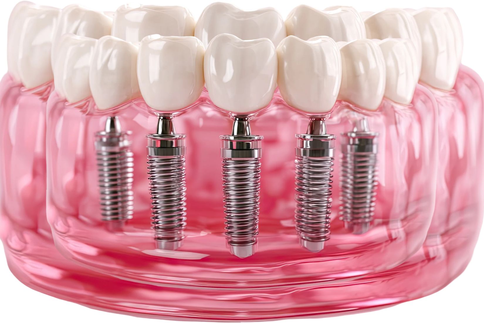 Dental implantın çene kemiğine yerleştirilmesi ve kemikle bütünleşme sürecinin şematik gösterimi.